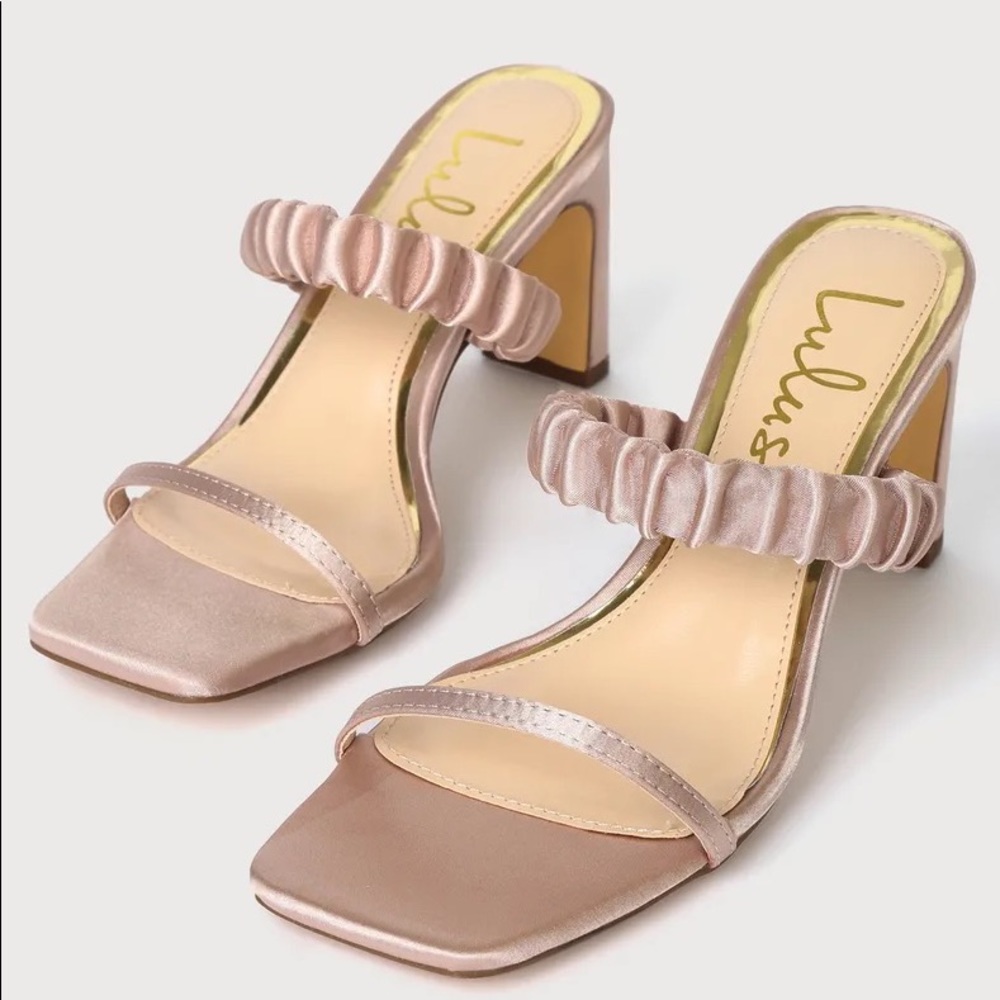 Lulu’s “Sheenuh Light Nude Satin Square Toe High Heel Sandals”